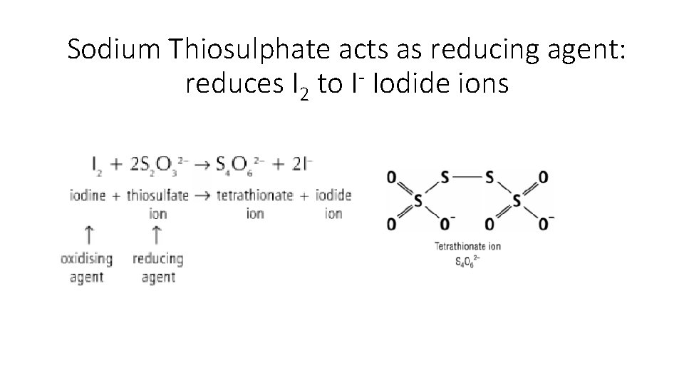 Sodium Thiosulphate acts as reducing agent: reduces I 2 to I- Iodide ions 