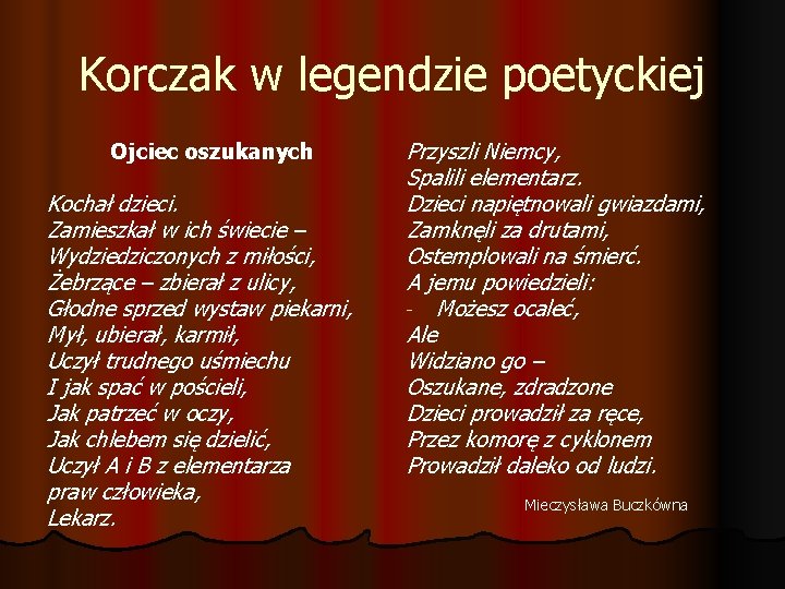 Korczak w legendzie poetyckiej Ojciec oszukanych Kochał dzieci. Zamieszkał w ich świecie – Wydziedziczonych