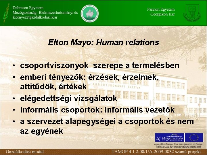 Elton Mayo: Human relations • csoportviszonyok szerepe a termelésben • emberi tényezők: érzések, érzelmek,