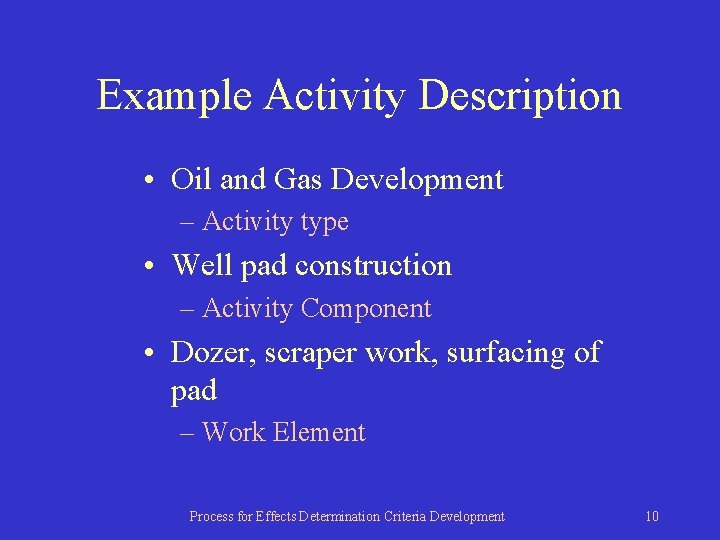 Example Activity Description • Oil and Gas Development – Activity type • Well pad