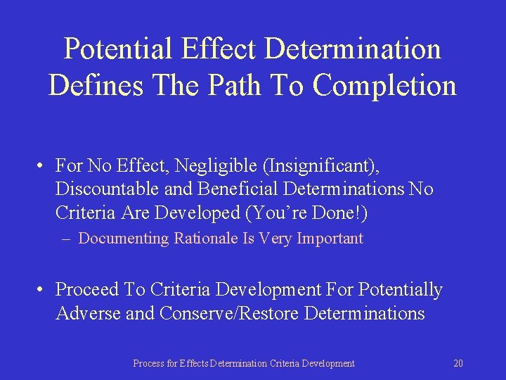 Potential Effect Determination Defines The Path To Completion • For No Effect, Negligible (Insignificant),