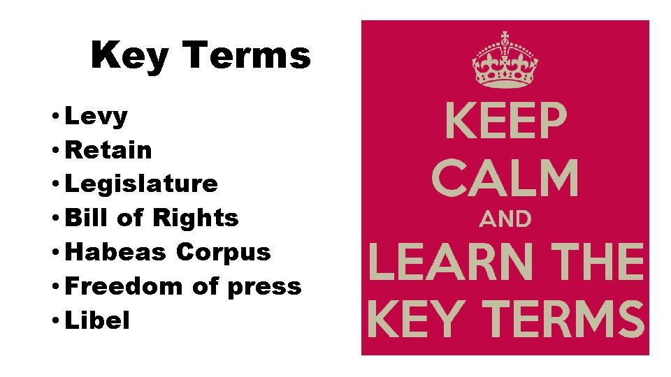 Key Terms • Levy • Retain • Legislature • Bill of Rights • Habeas