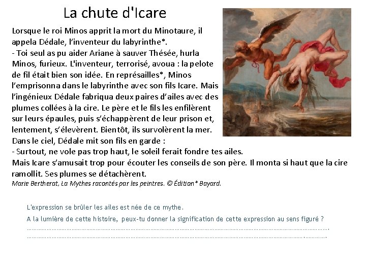 La chute d'Icare Lorsque le roi Minos apprit la mort du Minotaure, il appela La chute d'Icare Lorsque le roi Minos apprit la mort du Minotaure, il appela