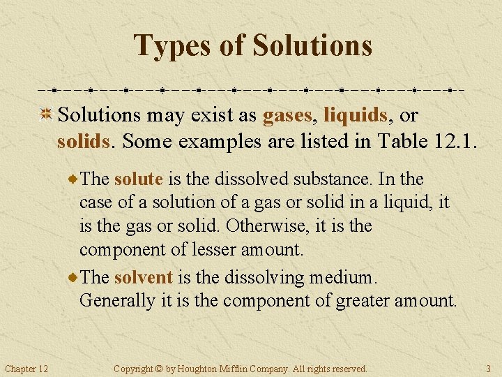 Types of Solutions may exist as gases, liquids, or solids. Some examples are listed