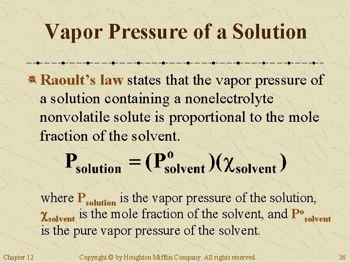 Vapor Pressure of a Solution Raoult’s law states that the vapor pressure of a