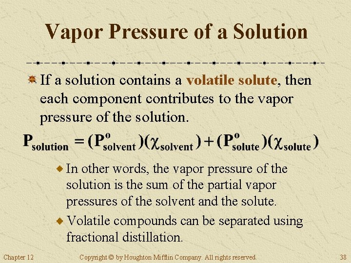 Vapor Pressure of a Solution If a solution contains a volatile solute, then each
