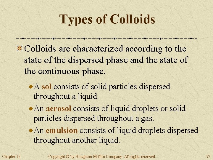 Types of Colloids are characterized according to the state of the dispersed phase and