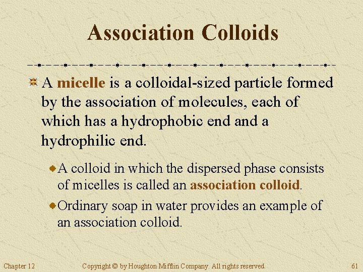 Association Colloids A micelle is a colloidal-sized particle formed by the association of molecules,