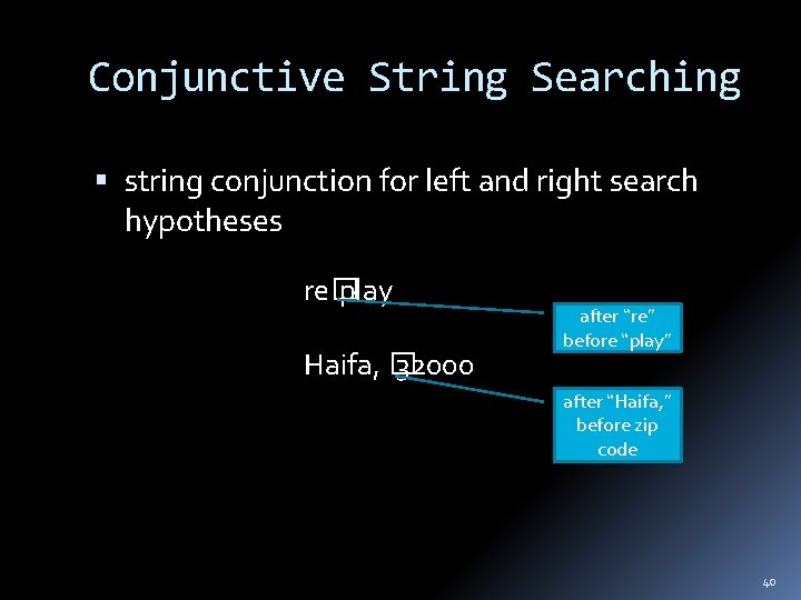 Conjunctive String Searching string conjunction for left and right search hypotheses re� play Haifa,