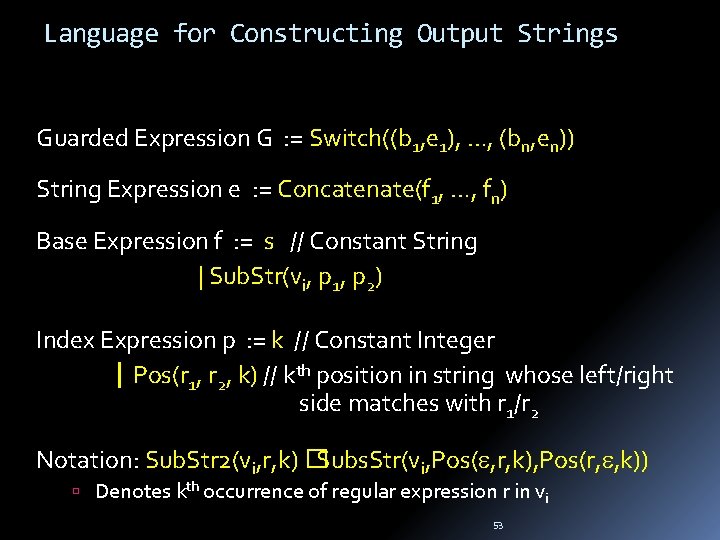 Language for Constructing Output Strings Guarded Expression G : = Switch((b 1, e 1),