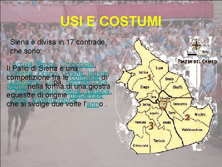 USI E COSTUMI Siena è divisa in 17 contrade, che sono: Aquila, Bruco, Chiocciola,