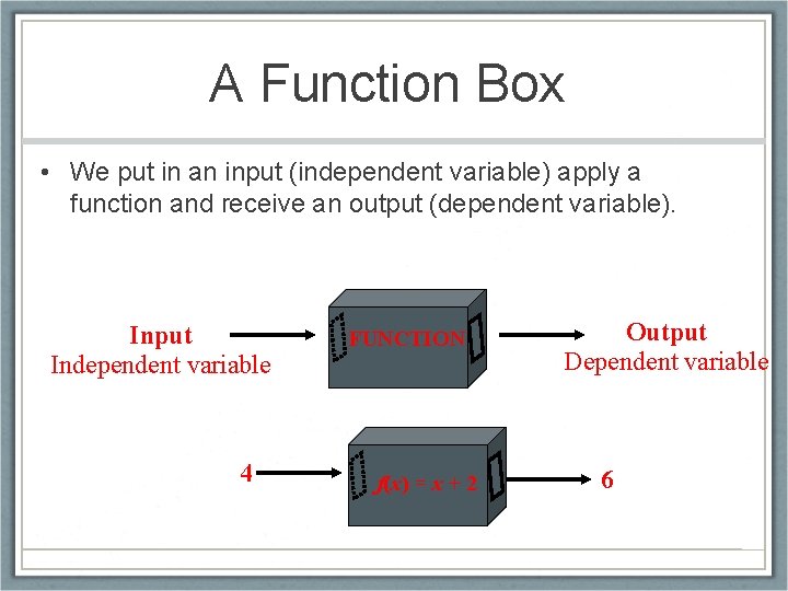 A Function Box • We put in an input (independent variable) apply a function A Function Box • We put in an input (independent variable) apply a function
