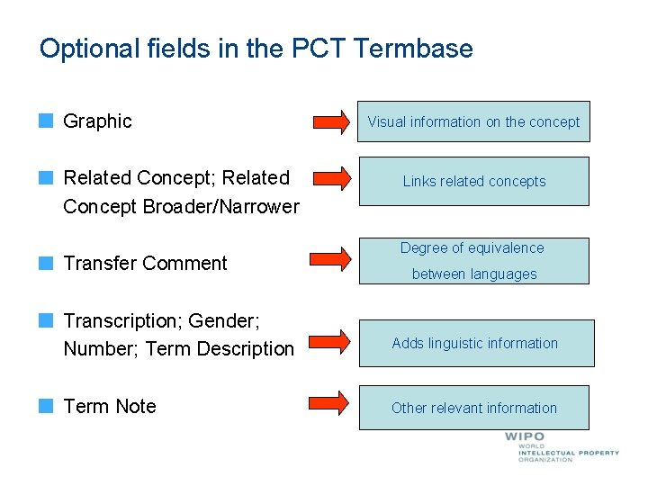 Optional fields in the PCT Termbase Graphic Related Concept; Related Concept Broader/Narrower Transfer Comment