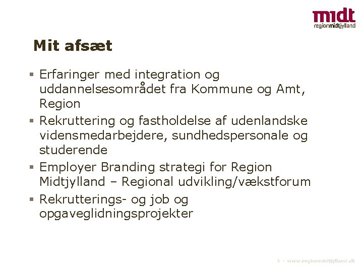 Mit afsæt § Erfaringer med integration og uddannelsesområdet fra Kommune og Amt, Region §