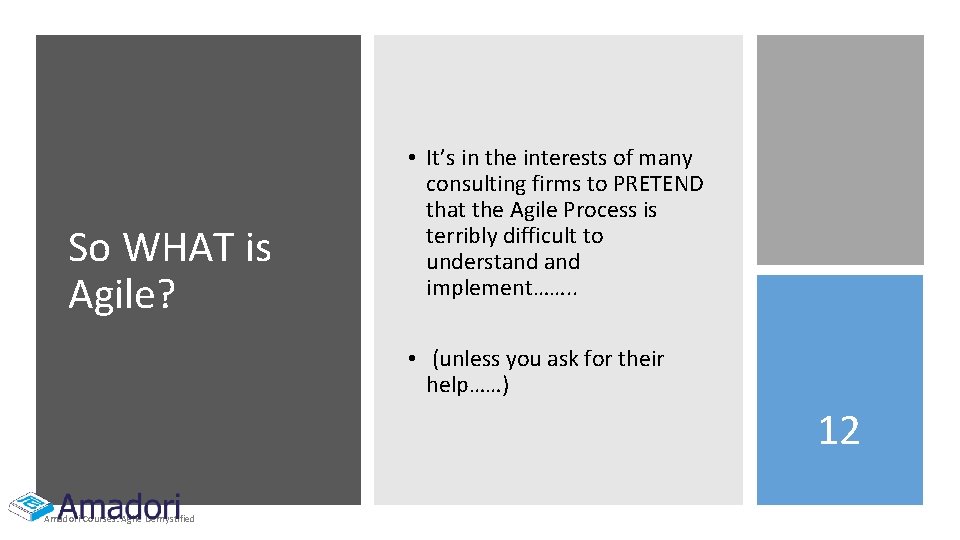 So WHAT is Agile? • It’s in the interests of many consulting firms to