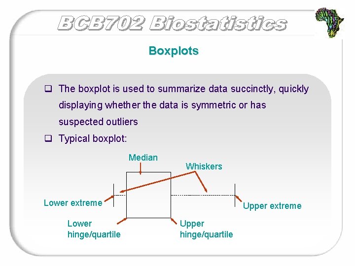 Boxplots q The boxplot is used to summarize data succinctly, quickly displaying whether the