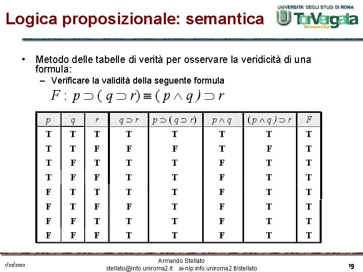 Logica proposizionale: semantica • Metodo delle tabelle di verità per osservare la veridicità di