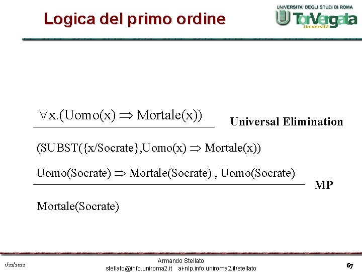 Logica del primo ordine x. (Uomo(x) Mortale(x)) Universal Elimination (SUBST({x/Socrate}, Uomo(x) Mortale(x)) Uomo(Socrate) Mortale(Socrate)