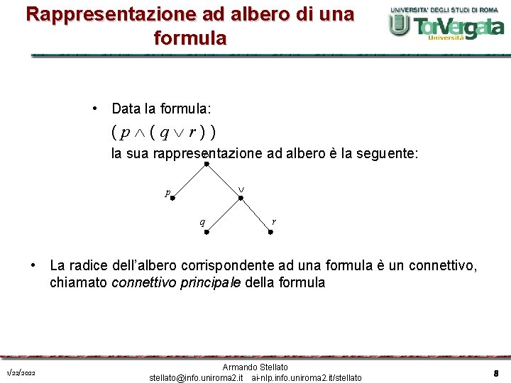 Rappresentazione ad albero di una formula • Data la formula: (p (q r)) la