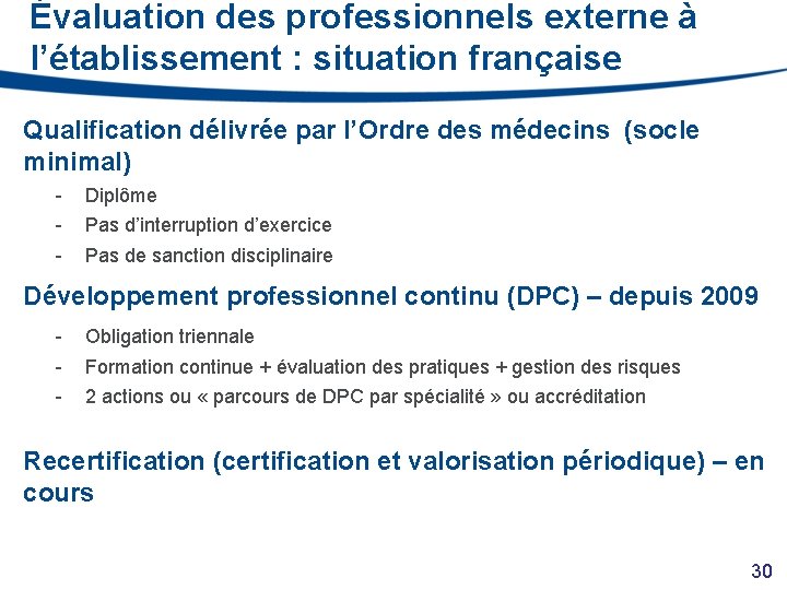 Évaluation des professionnels externe à l’établissement : situation française Qualification délivrée par l’Ordre des