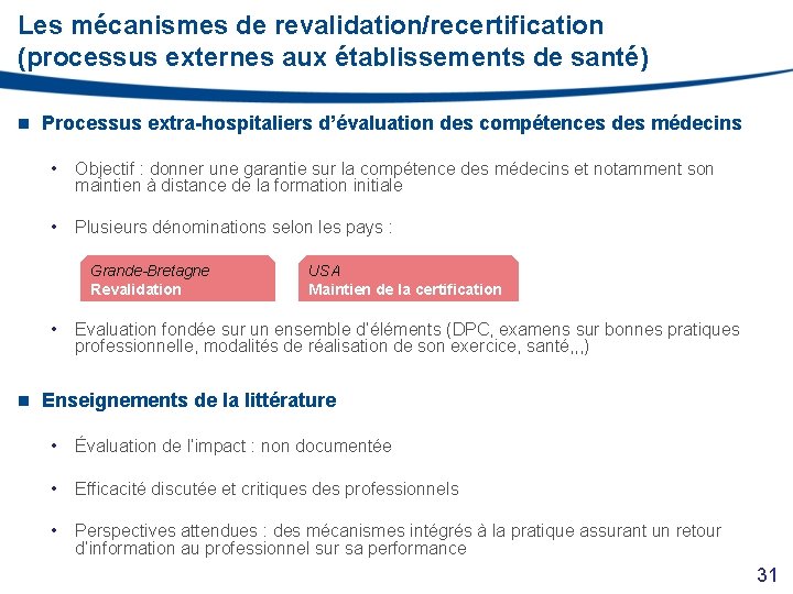 Les mécanismes de revalidation/recertification (processus externes aux établissements de santé) n Processus extra-hospitaliers d’évaluation