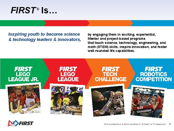 FIRST Is… ® Inspiring youth to become science & technology leaders & innovators, by