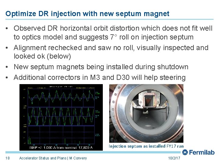 Optimize DR injection with new septum magnet • Observed DR horizontal orbit distortion which