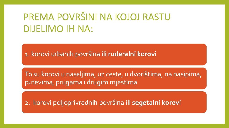 PREMA POVRŠINI NA KOJOJ RASTU DIJELIMO IH NA: 1. korovi urbanih površina ili ruderalni