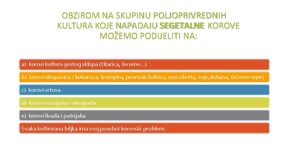 OBZIROM NA SKUPINU POLJOPRIVREDNIH KULTURA KOJE NAPADAJU SEGETALNE KOROVE MOŽEMO PODIJELITI NA: a) korovi