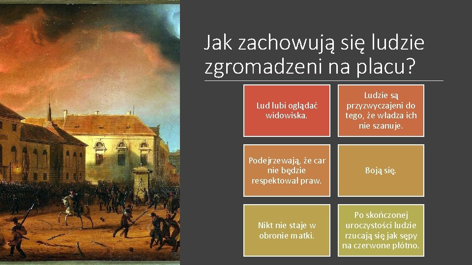 Jak zachowują się ludzie zgromadzeni na placu? Lud lubi oglądać widowiska. Ludzie są przyzwyczajeni