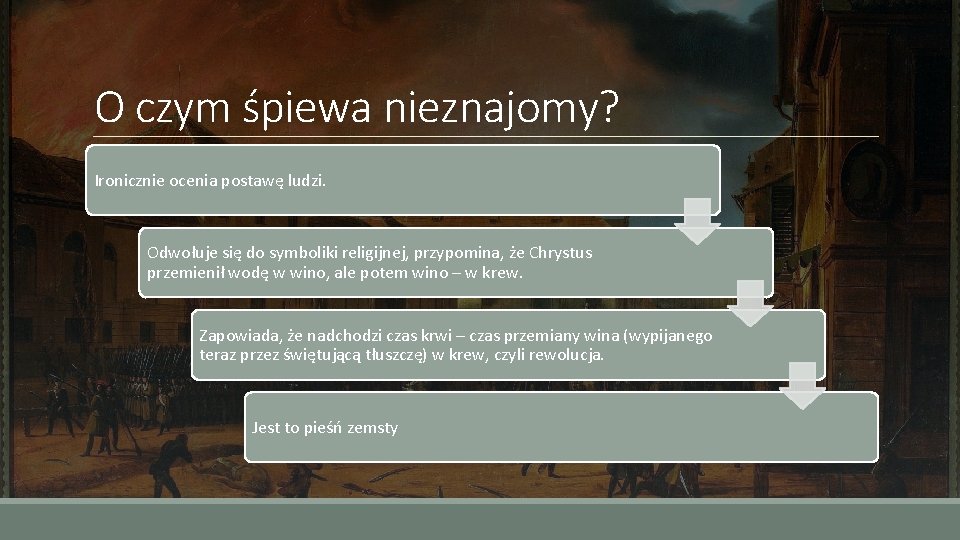 O czym śpiewa nieznajomy? Ironicznie ocenia postawę ludzi. Odwołuje się do symboliki religijnej, przypomina,