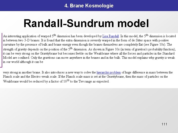 4. Brane Kosmologie Randall-Sundrum model 111 