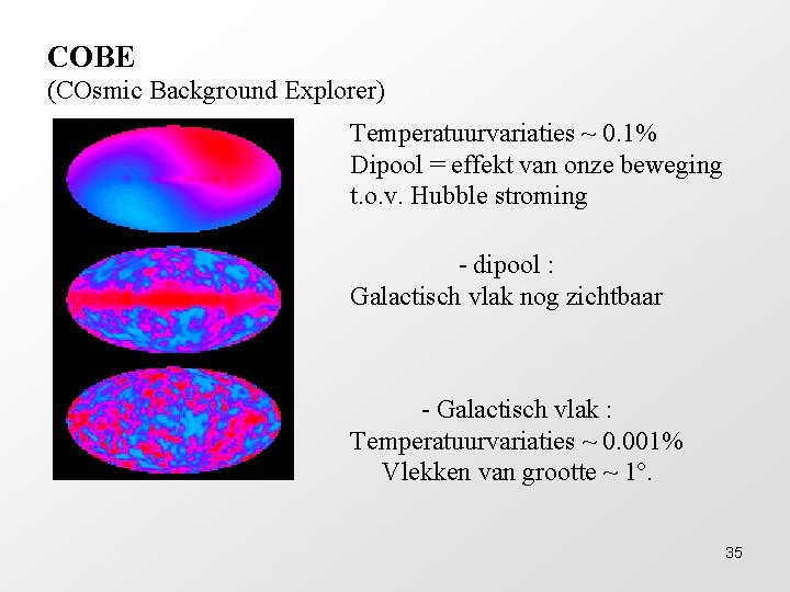 COBE (COsmic Background Explorer) Temperatuurvariaties ~ 0. 1% Dipool = effekt van onze beweging