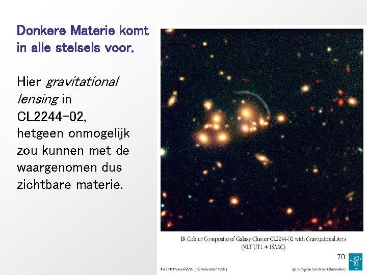 Donkere Materie komt in alle stelsels voor. Hier gravitational lensing in CL 2244 -02,