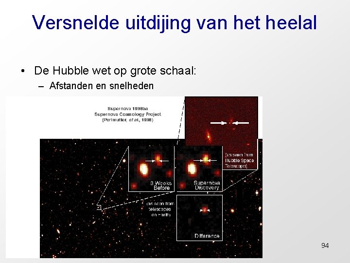 Versnelde uitdijing van het heelal • De Hubble wet op grote schaal: – Afstanden