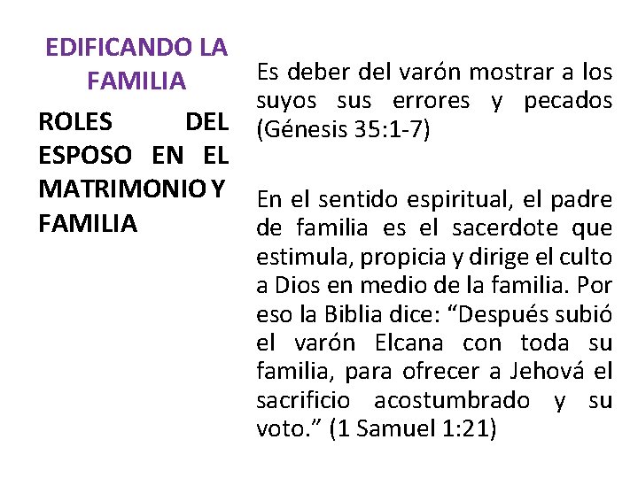 EDIFICANDO LA FAMILIA ROLES DEL ESPOSO EN EL MATRIMONIO Y FAMILIA Es deber del