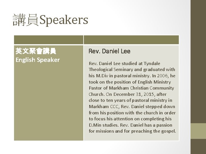 講員Speakers 英文聚會講員 English Speaker Rev. Daniel Lee studied at Tyndale Theological Seminary and graduated