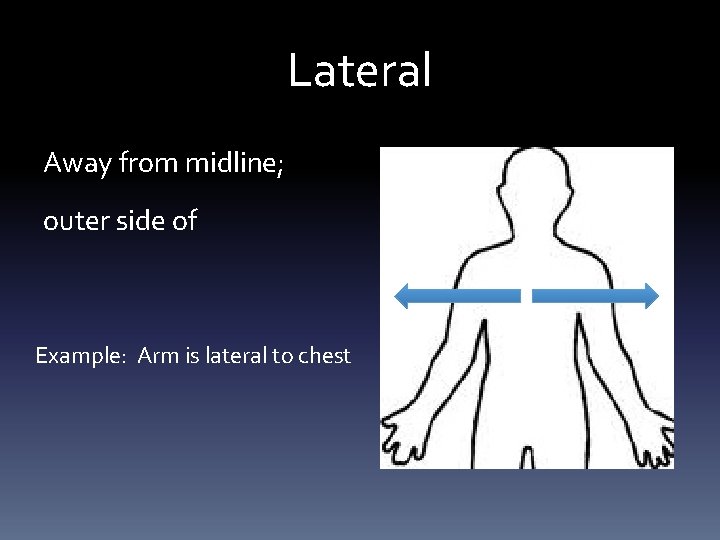 Lateral Away from midline; outer side of Example: Arm is lateral to chest 