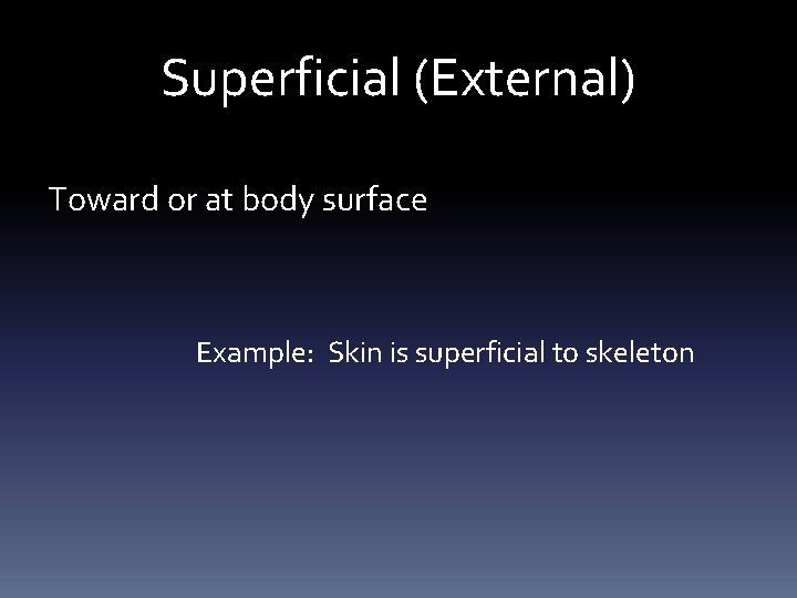 Superficial (External) Toward or at body surface Example: Skin is superficial to skeleton 