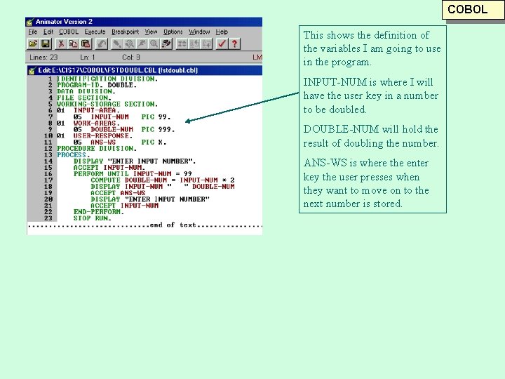 COBOL This shows the definition of the variables I am going to use in COBOL This shows the definition of the variables I am going to use in