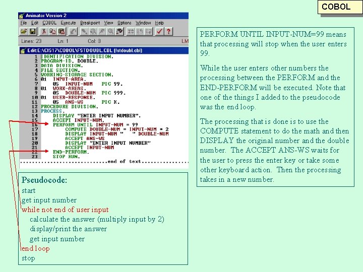 COBOL PERFORM UNTIL INPUT-NUM=99 means that processing will stop when the user enters 99. COBOL PERFORM UNTIL INPUT-NUM=99 means that processing will stop when the user enters 99.