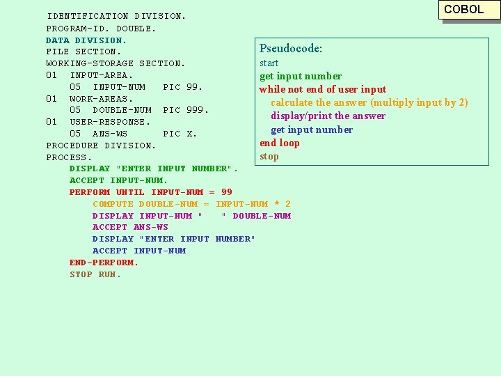 COBOL IDENTIFICATION DIVISION. PROGRAM-ID. DOUBLE. DATA DIVISION. Pseudocode: FILE SECTION. start WORKING-STORAGE SECTION. 01 COBOL IDENTIFICATION DIVISION. PROGRAM-ID. DOUBLE. DATA DIVISION. Pseudocode: FILE SECTION. start WORKING-STORAGE SECTION. 01