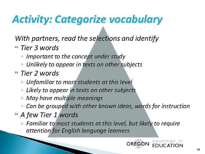 Activity: Categorize vocabulary With partners, read the selections and identify Tier 3 words ◦