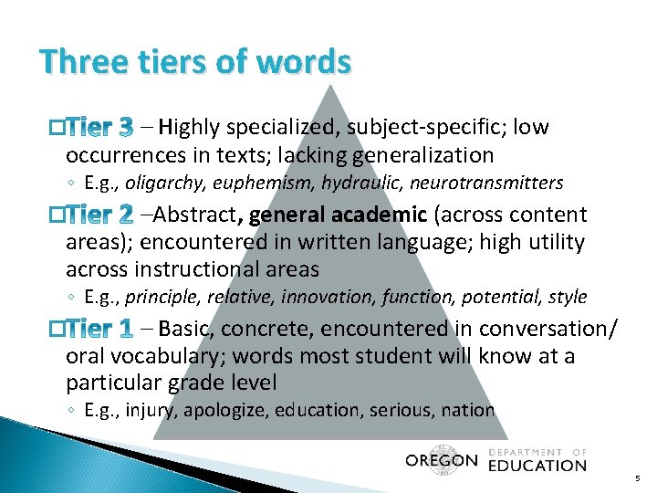 Three tiers of words – Highly specialized, subject-specific; low occurrences in texts; lacking generalization