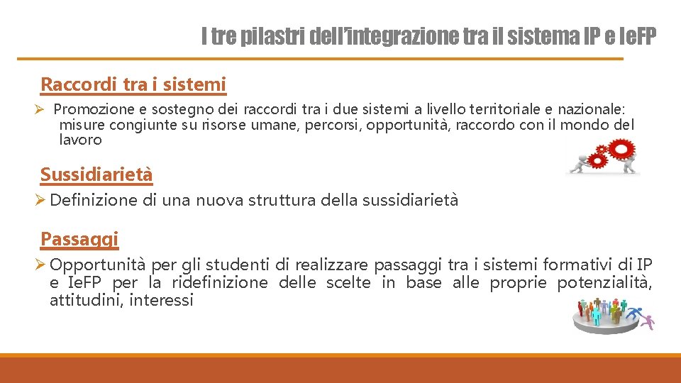 I tre pilastri dell’integrazione tra il sistema IP e Ie. FP Raccordi tra i