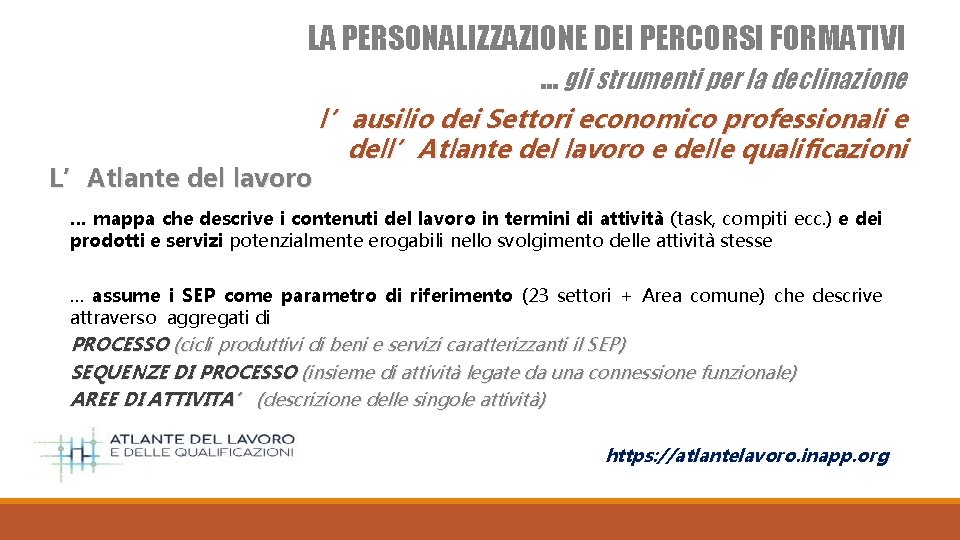 LA PERSONALIZZAZIONE DEI PERCORSI FORMATIVI … gli strumenti per la declinazione L’Atlante del lavoro