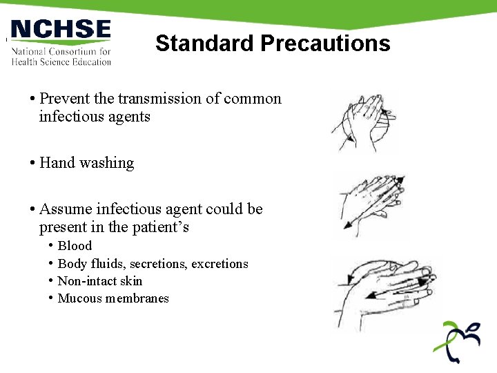 Standard Precautions • Prevent the transmission of common infectious agents • Hand washing •
