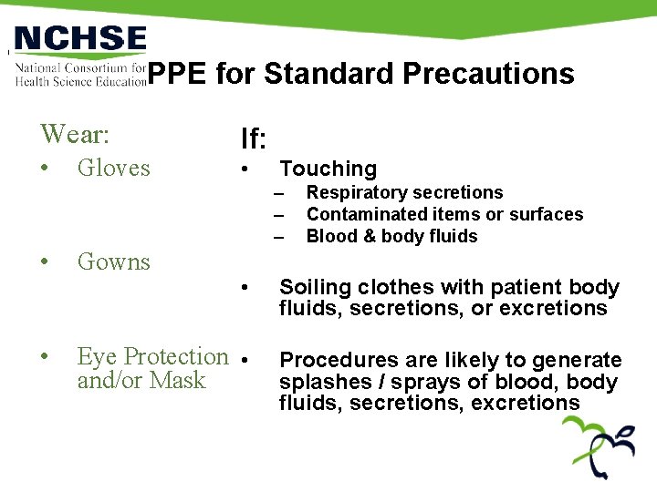 PPE for Standard Precautions Wear: • Gloves If: • Touching – – – Respiratory