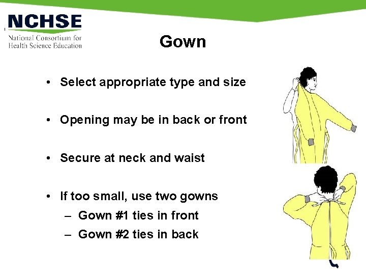 Gown • Select appropriate type and size • Opening may be in back or