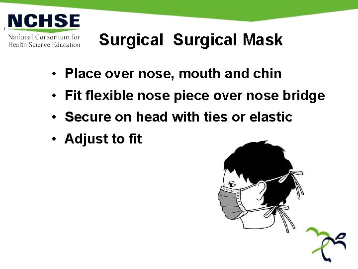 Surgical Mask • Place over nose, mouth and chin • Fit flexible nose piece